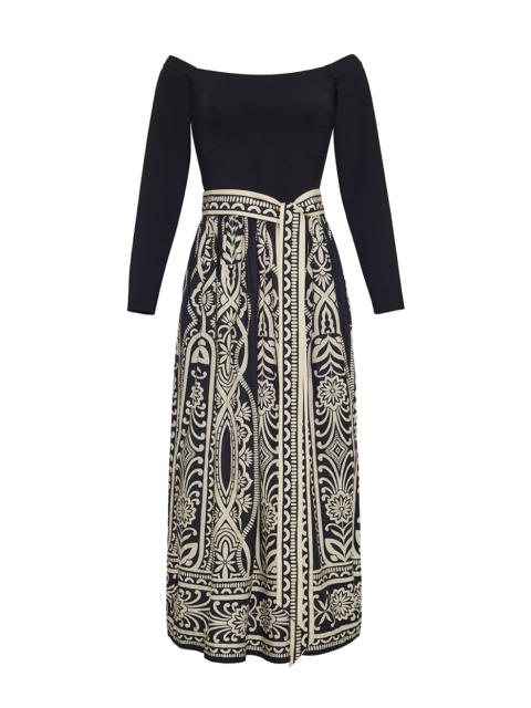 Cara Cara Imani Dress A Bold Off-Shoulder Midi Featuring a Striking Print and Flared Shirred Waist