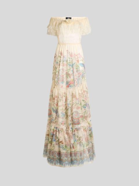 Etro LONG SILK DRESS WITH PLACED FLORA AND FAUNA PRINT