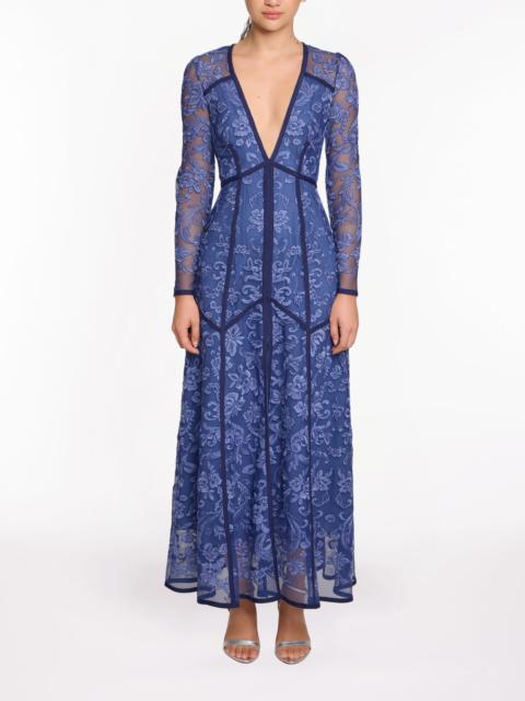 Marchesa CORDED LACE DEEP V BUTTON MAXI DRESS