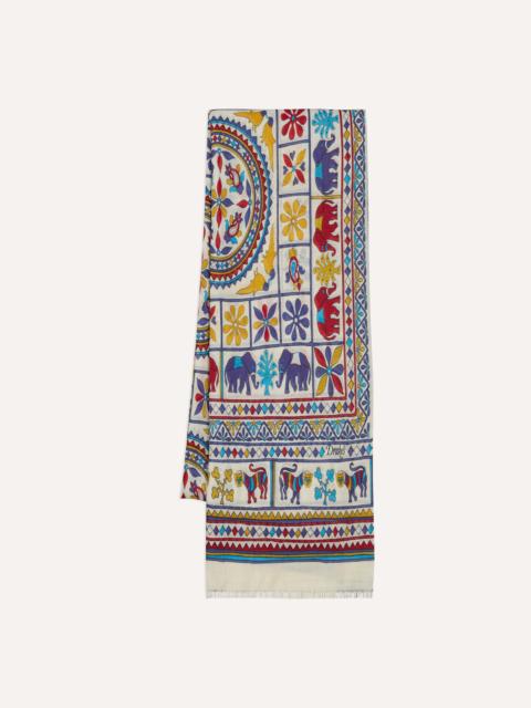 Drake's Ecru Elephants and Flowers Print Wool-Silk Scarf