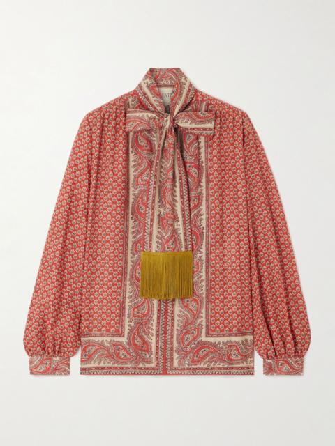 Valentino Fringed scarf-detailed printed cotton shirt Pink