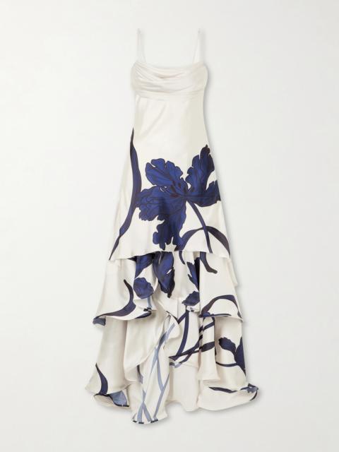 ANDRES OTALORA Inoportuna Printed Ruched Ruffled Satin Maxi Dress