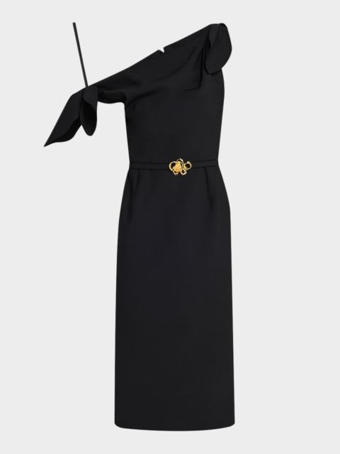 Oscar de la Renta Draped Off-The-Shoulder Belted Wool Dress