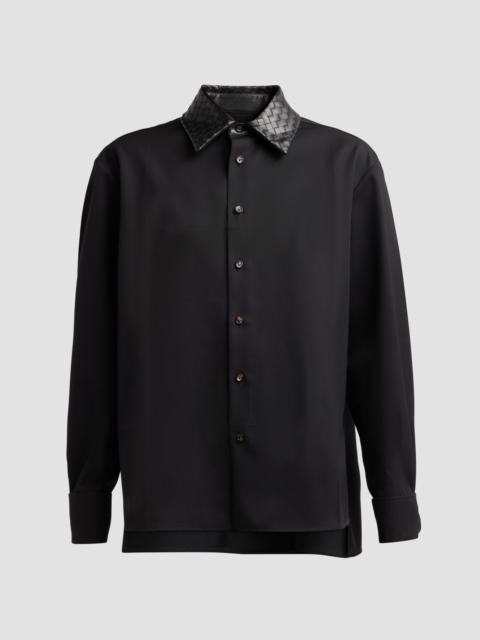Bottega Veneta Women's Intrecciato Leather Collar Wool Shirt - Double Black