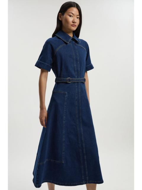 KAREN MILLEN Stretch Denim Tab Belt Detail Midi Dress