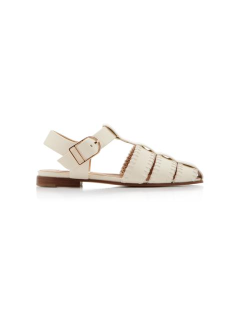 Lynn Flat Sandal in Cream Leather Blanket Stitch