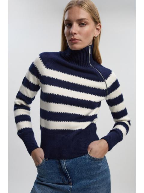 KAREN MILLEN Stripe Zip Through Funnel Neck Knit Jumper