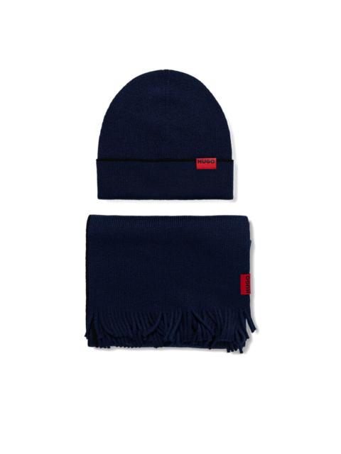 HUGO logo-detail fringed beanie set