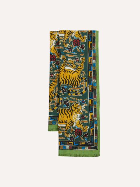 Drake's Green Tiger Print Wool-Silk Scarf