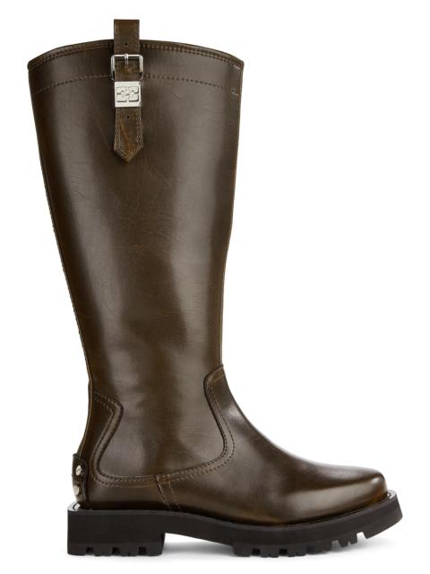 GANNI Women's Studs Crinkle Faux-Leather High Boots - Dark Olive