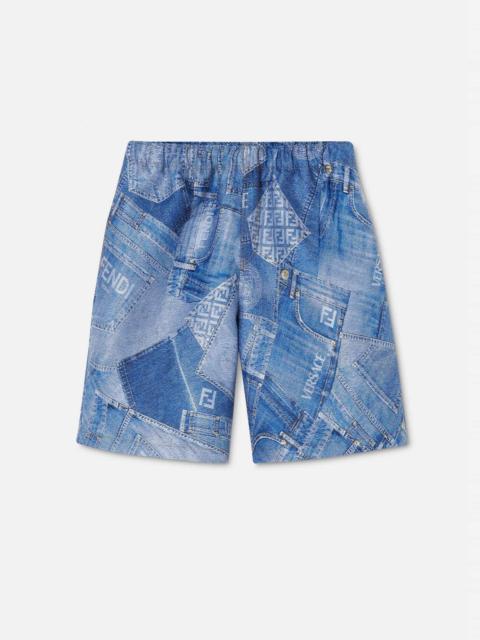 VERSACE Fendace Denim Patchwork Jacquard Shorts