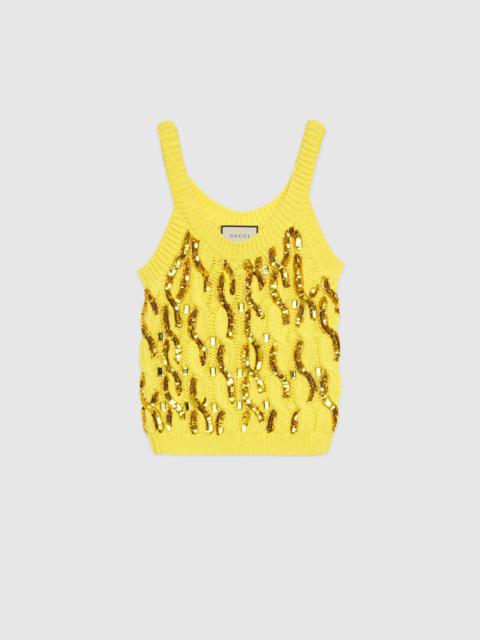 GUCCI Cable knit wool tank top with sequins