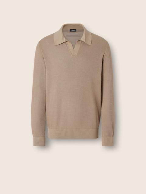 ZEGNA LIGHT TAUPE MÉLANGE CASHMERE AND SILK POLO SHIRT