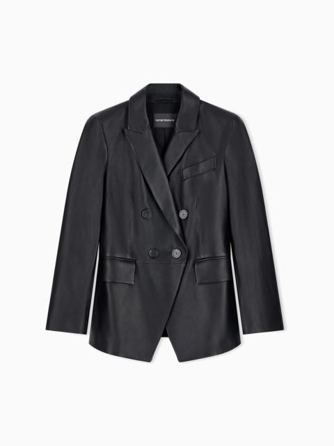 EMPORIO ARMANI SLIM-FIT DOUBLE-BREASTED BLAZER IN SEMI-GLOSSY LEATHER