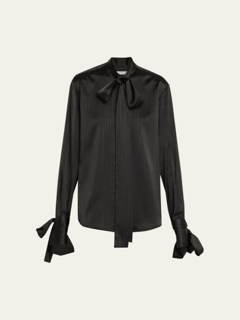 LaQuan Smith Bow-Neck Metallic Pinstripe Satin Blouse