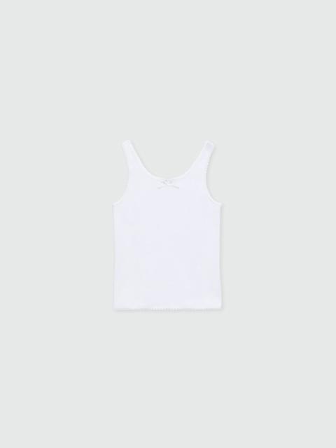 MSGM White ribbed cotton top with lace trim and bow detail