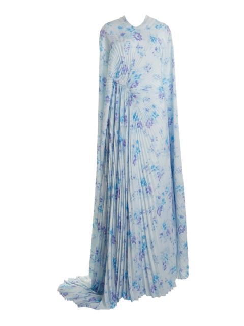 BALENCIAGA Floral Plisse Maxi Cape Dress blue
