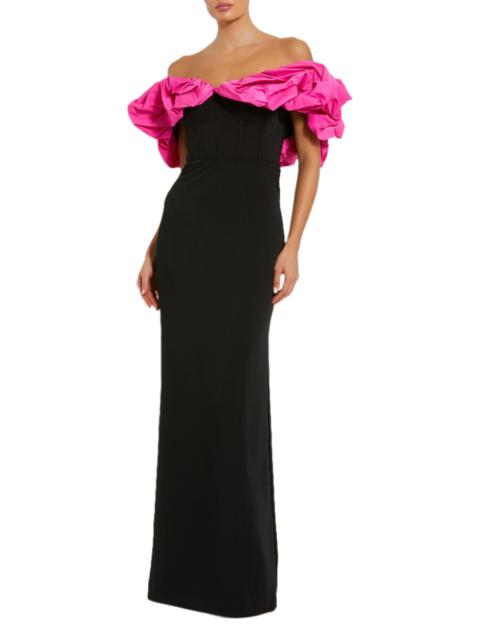 MAC DUGGAL Women's Prom Crepe Off-The-Shoulder Column Gown - Black Hot Pink