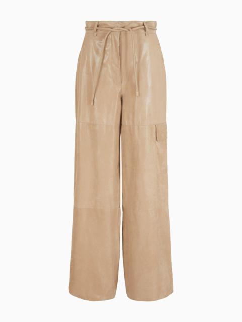 Wide-leg suede trousers with a shiny treatment