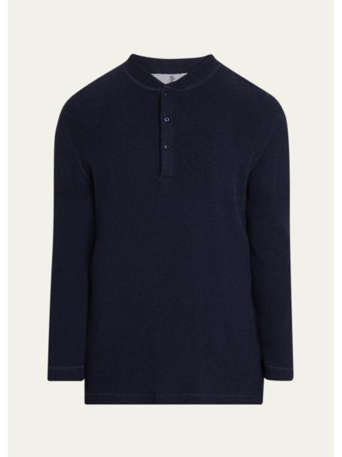 Brunello Cucinelli Men's Cashmere and Cotton Waffle-Knit Long-Sleeve Henley T-Shirt
