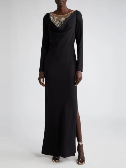 Crystal Embellished Long Sleeve Stretch Silk Gown