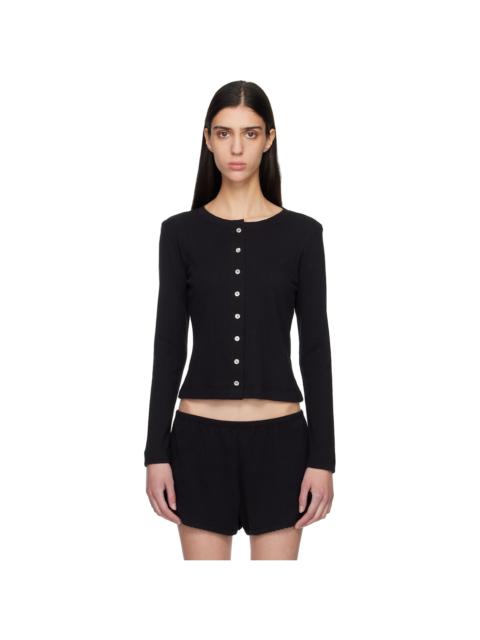 LESET Black Pointelle Classic Crew Cardigan