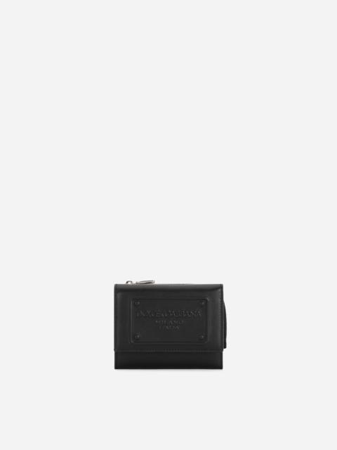 Calfskin French flap wallet with raised logo