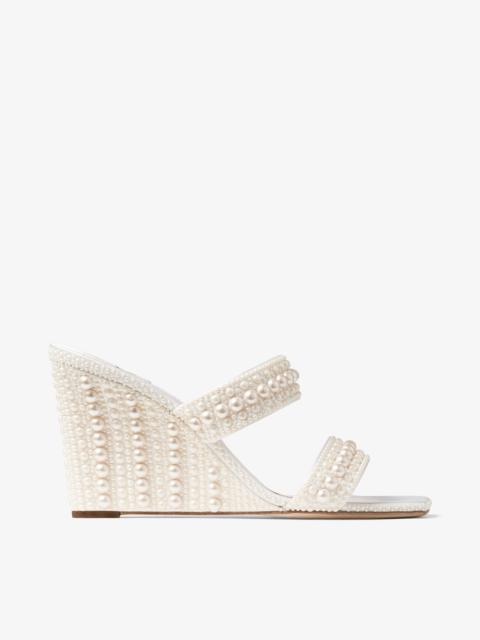 JIMMY CHOO Sacoria 85 White Satin Wedge Sandals with All-Over Pearls