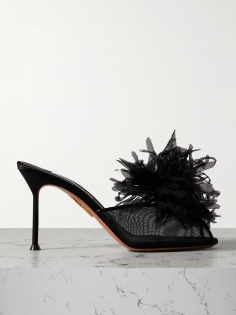 AQUAZZURA Poème 85 Embellished Organza And Leather-trimmed Mesh Mules