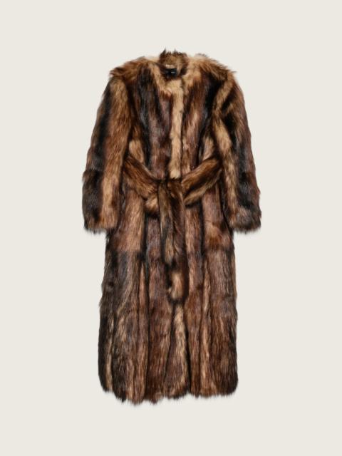 Belted Faux Fur Long Multi Slit Coat