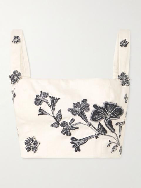 Agua by Agua Bendita Cacao Guayacan cropped appliquéd embroidered linen top Cream