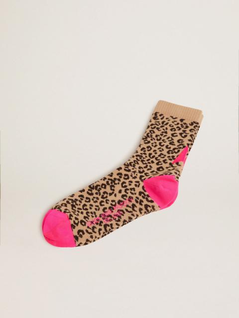 Golden Goose Animal-print socks with sand-colored base and fuchsia details