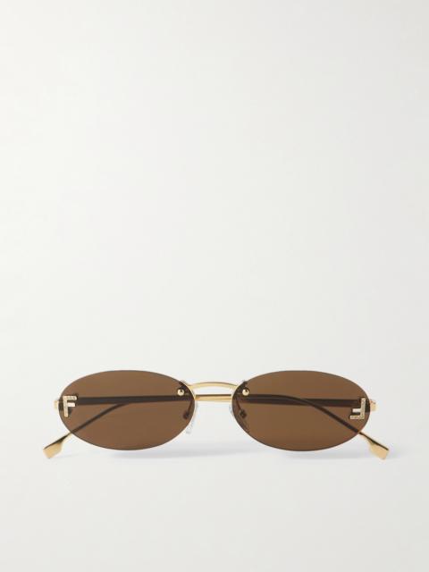 FENDI Oval-frame Crystal-embellished Gold-tone Sunglasses
