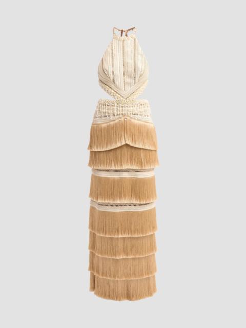 PatBO Women's Crochet Petal-Fringe Halterneck Maxi Dress - Beige