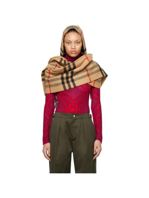 Beige Check Wool Cashmere Hooded Scarf
