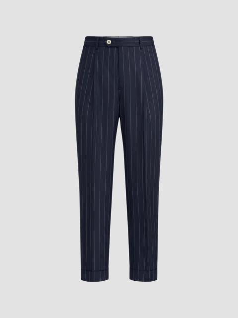 Brunello Cucinelli Men's Super 150s Virgin Wool Wide Chalk Stripe Batavia Trousers with Pleats - Blue