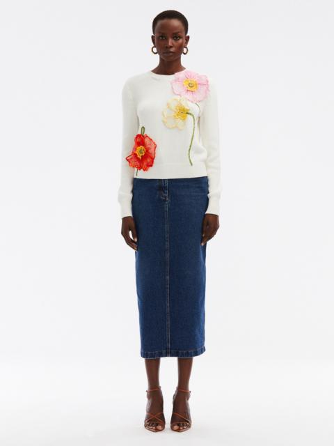 Oscar de la Renta PAINTED POPPIES EMBROIDERED PULLOVER