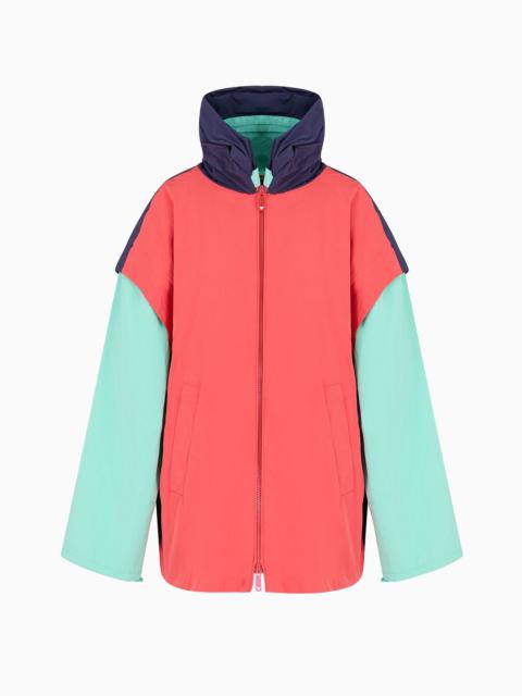 Water-repellent technical fabric blouson with detachable sleeves and godet pleat