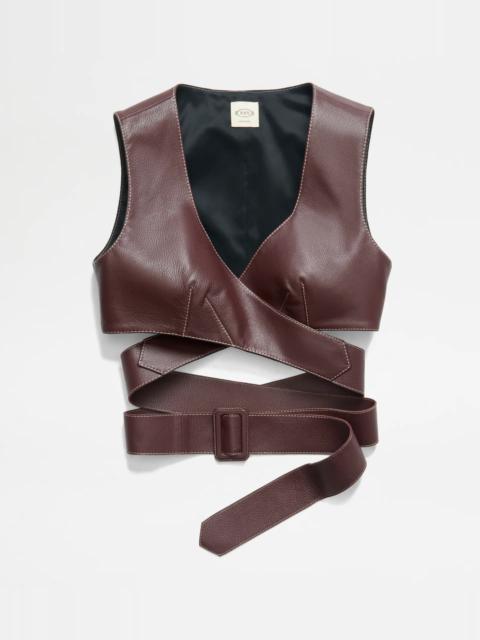 Tod's GILET IN LEATHER - BROWN