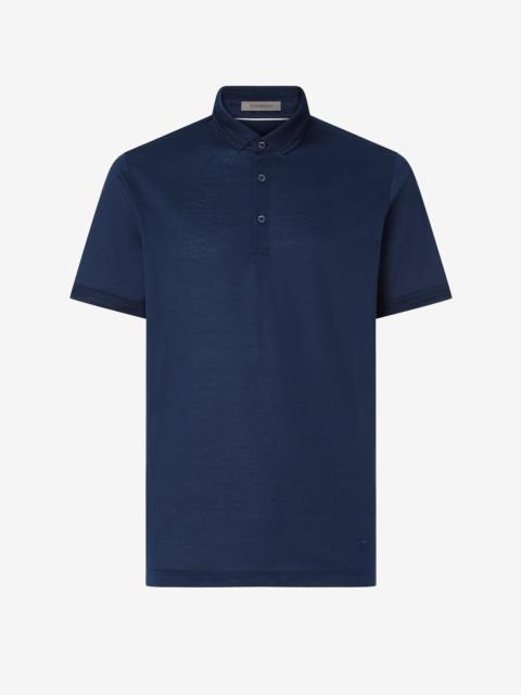 CORNELIANI Navy blue button-up lisle thread polo shirt