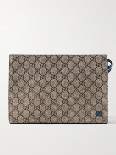 GUCCI Leather-Trimmed Monogrammed Coated-Canvas Pouch Brown