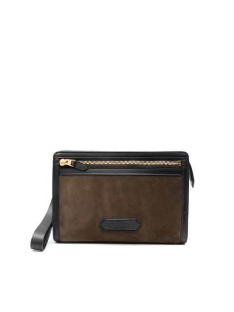 logo-patch suede clutch bag