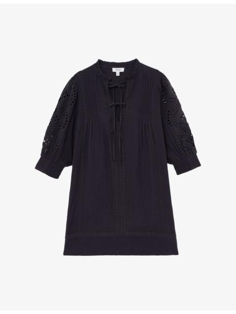 REISS Gia Cheesecloth Tie-Neck Cotton Mini Dress