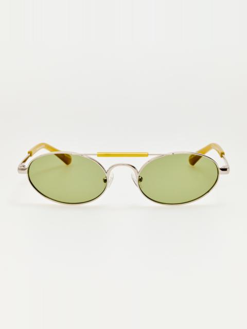 LINDA FARROW Oval Sunglasses in Silver and Green