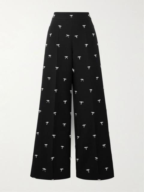 Valentino Bow-embellished wool and silk-blend twill wide-leg pants Black