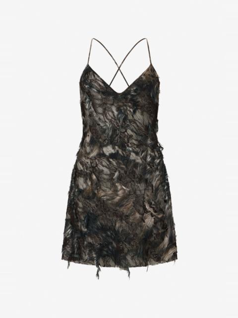 Roberto Cavalli Mini Dress with Fur Print on Destroyed-Effect Lace