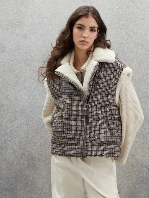 Brunello Cucinelli Checked wool and alpaca biker-style down vest with shearling inserts and monili