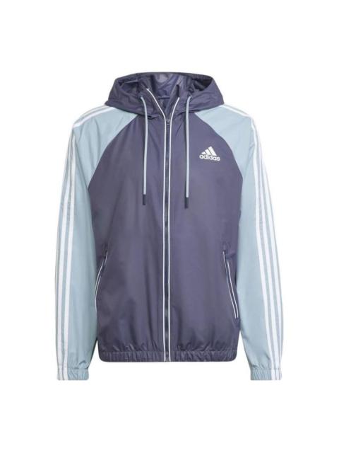 Men's adidas BSC Classic Splicing Design Drawstring Zipper Hooded Jacket Blue H65777