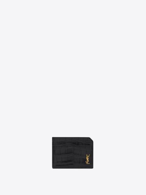 SAINT LAURENT tiny cassandre open card case in matte crocodile-embossed leather