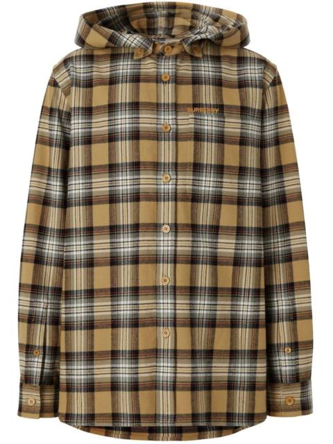 neutral check print hooded shirt